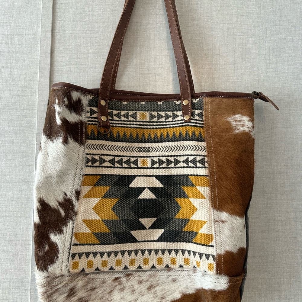 Myra Bag Brown and Tan Tote with Geometric Design